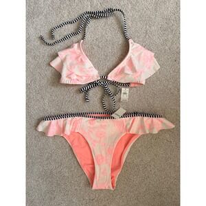 Aerie Pink Floral Ruffle Triangle Bikini Set Large NWT Resort Wear